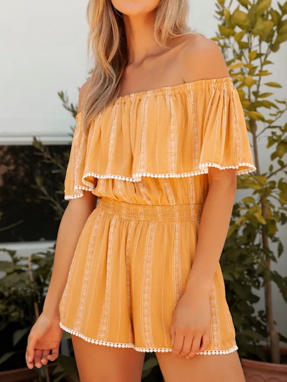 Lulus See Ya There Mustard Yellow Off The Shoulder Romper Summer Fall Boho - M
